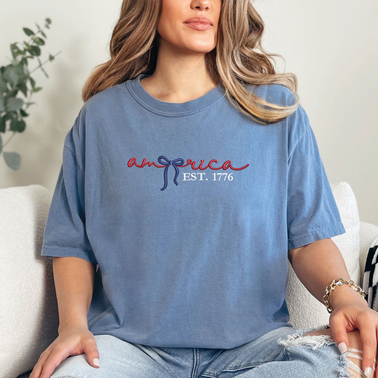 America Est. 1776 Coquette Bow Embroidered T-Shirt