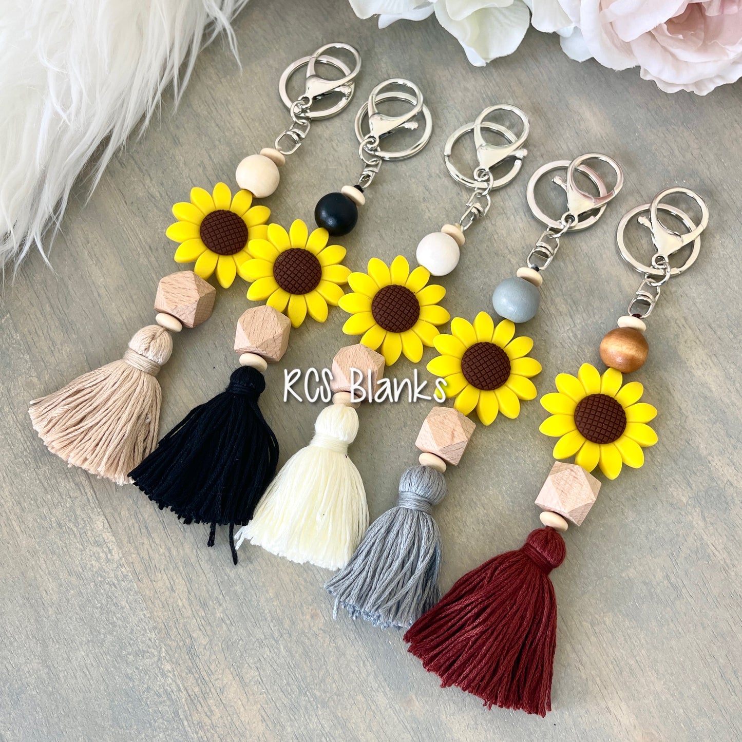 Silicone Sunflower Beaded Tassel Keychain