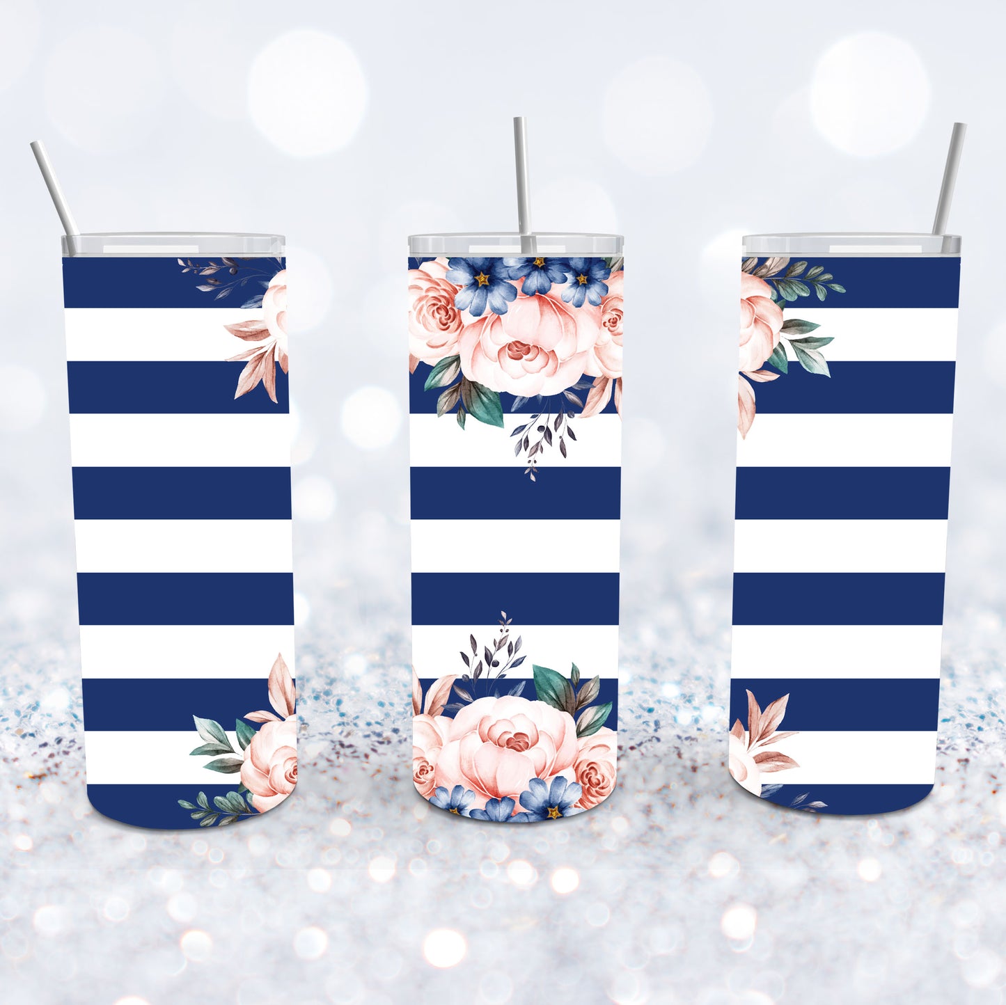 Navy Floral Stripe Tumbler