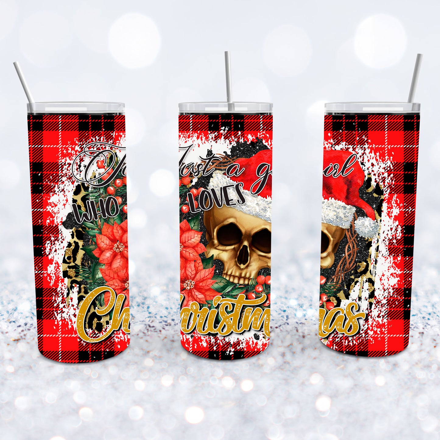 Red Plaid Christmas Skull Tumbler