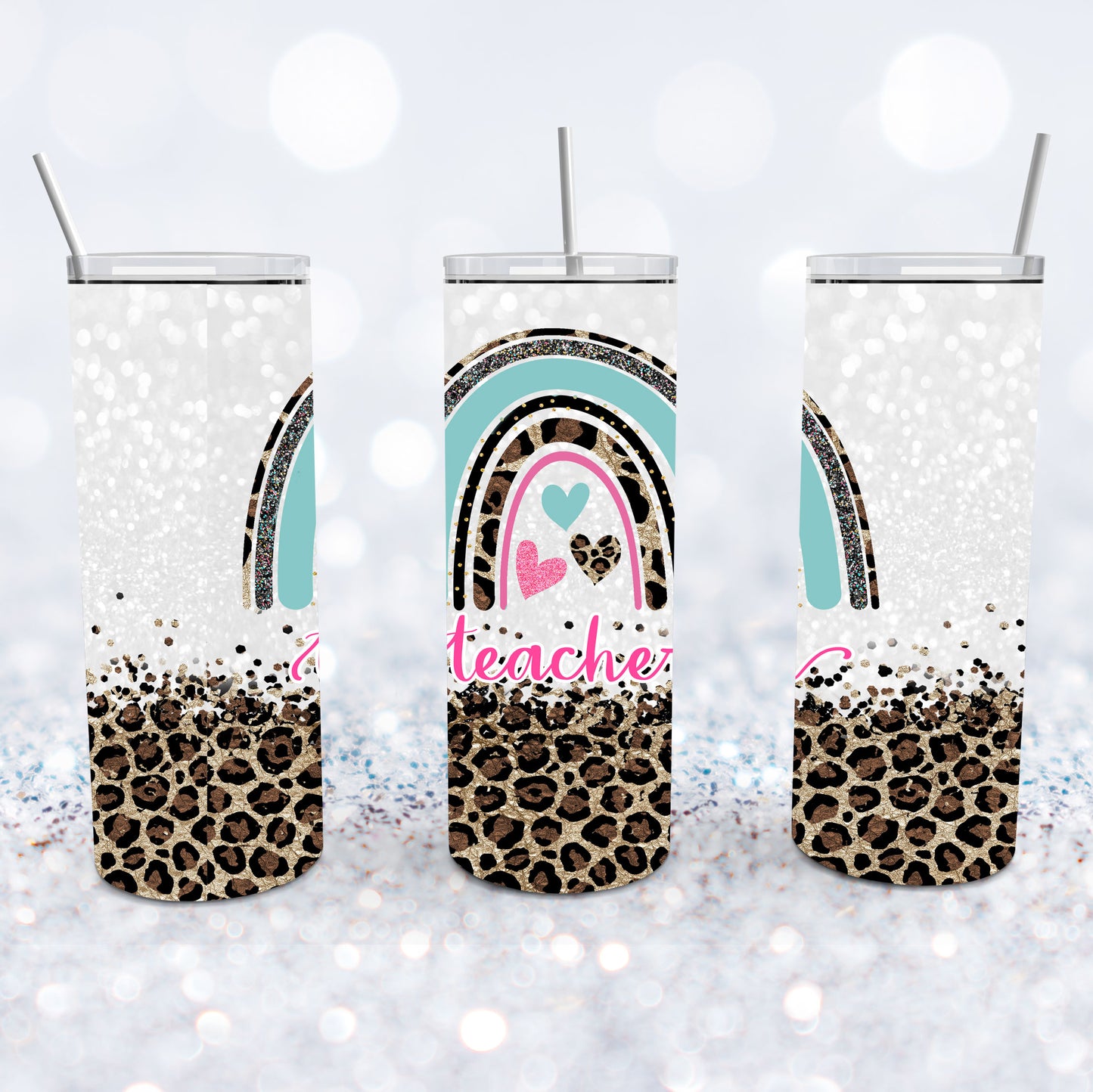 Teacher Leopard Glitter Rainbow Tumbler