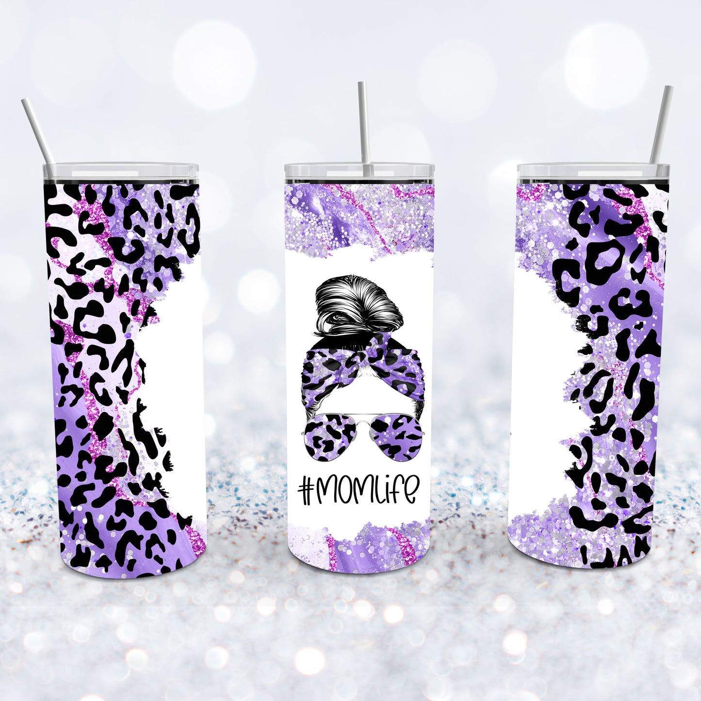 Messy Bun Mom Life, Purple Leopard Tumbler