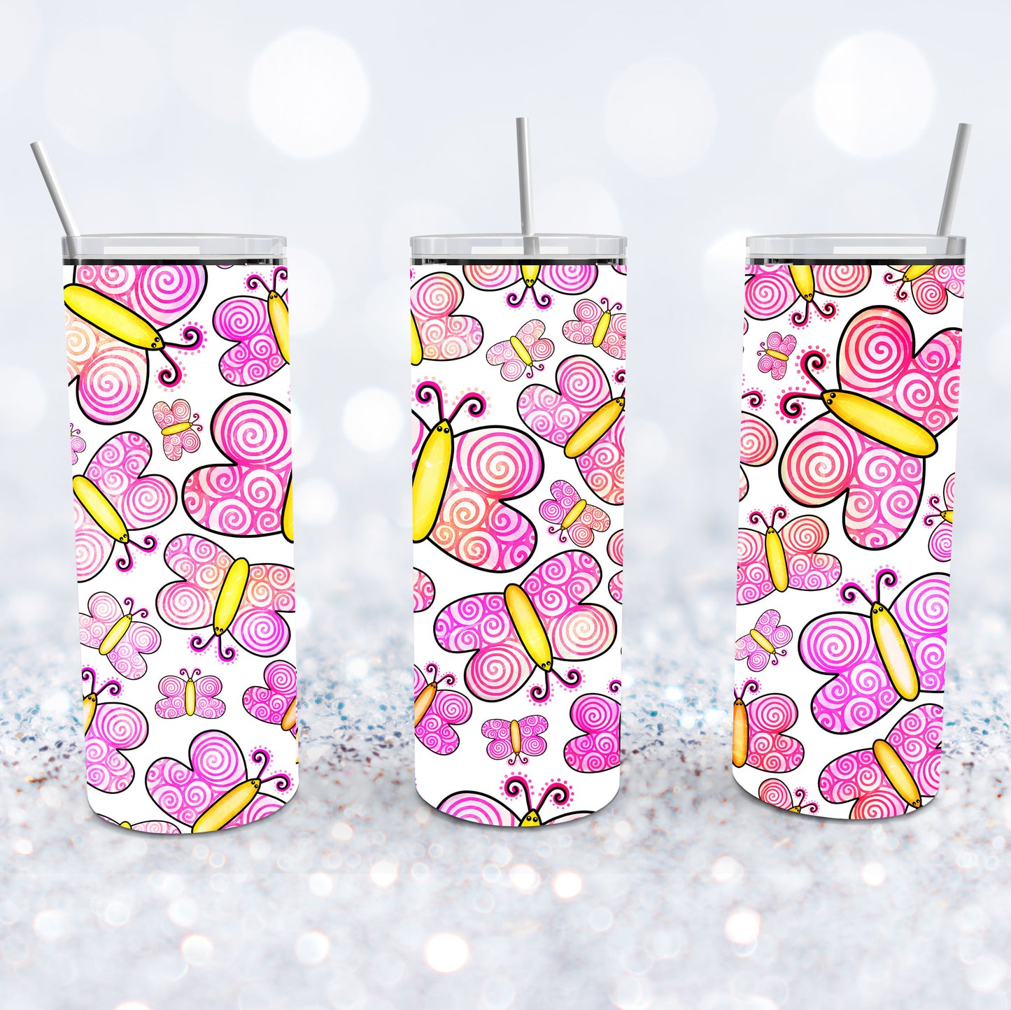 Pink Whimsical Butterflies Tumbler