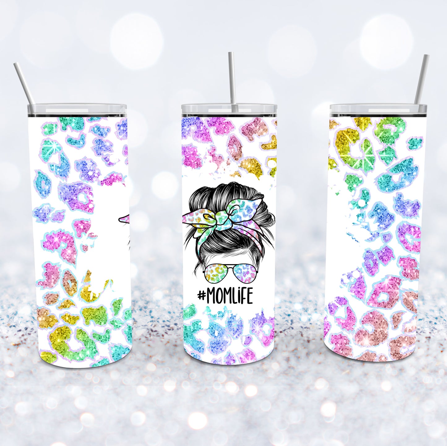 Messy Bun, Rainbow Leopard #Momlife Tumbler