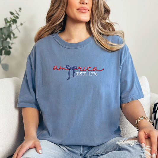 America Est. 1776 Coquette Bow Embroidered T-Shirt