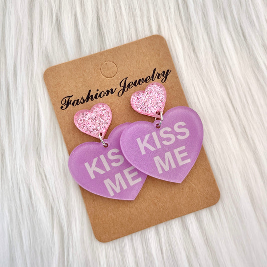 Kiss Me Pink Heart Acrylic Earrings