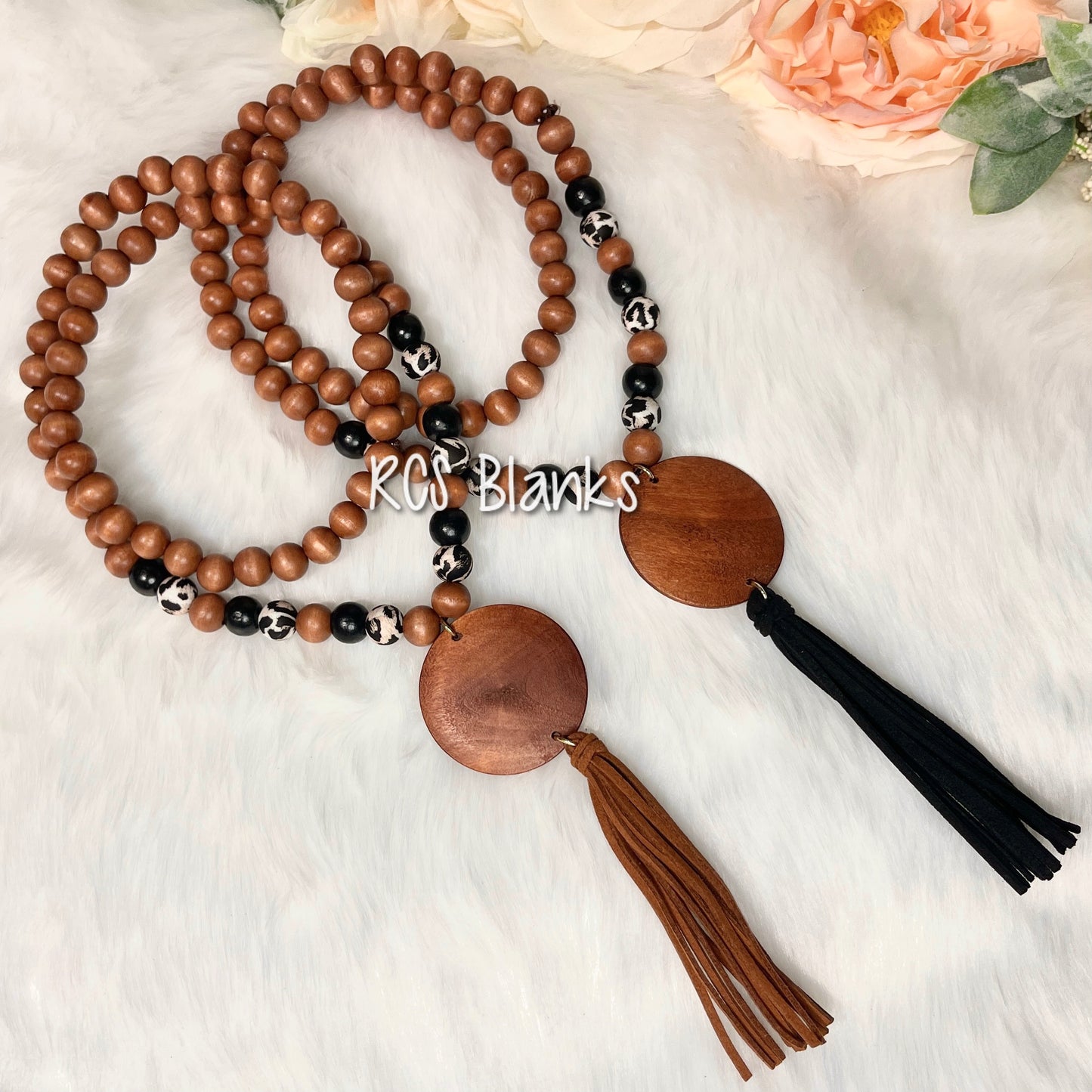 Leopard Tassel Necklace w/ Round Wood Disc