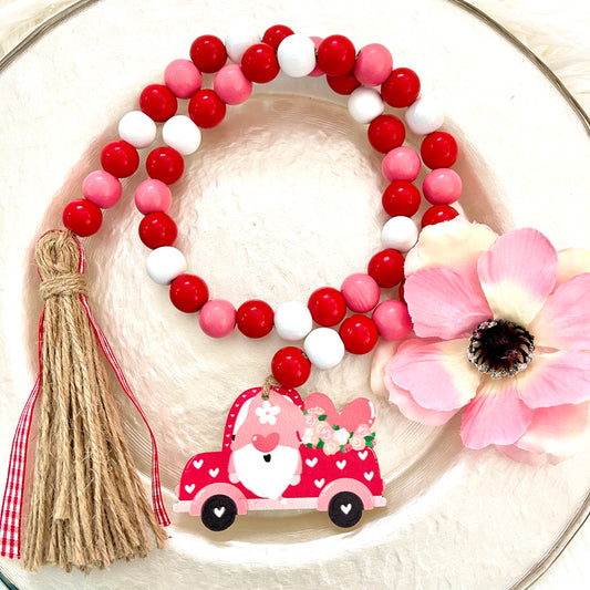Gnome Red Truck Valentine's Day Wood Bead Garland