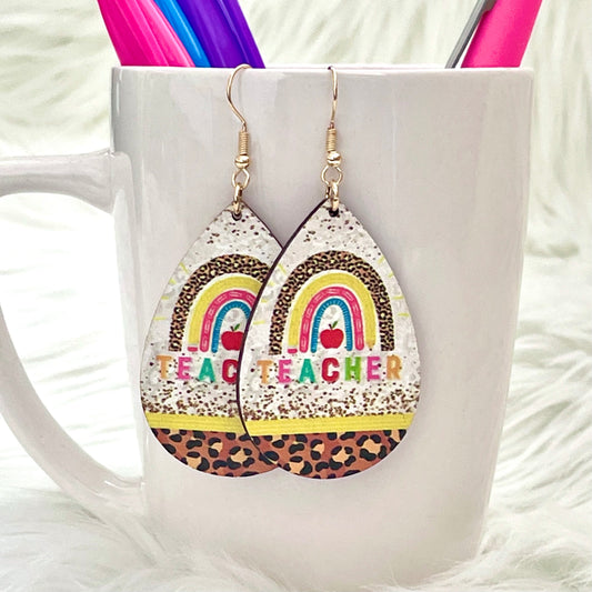 Teacher Leopard Print Rainbow Wood Earrings