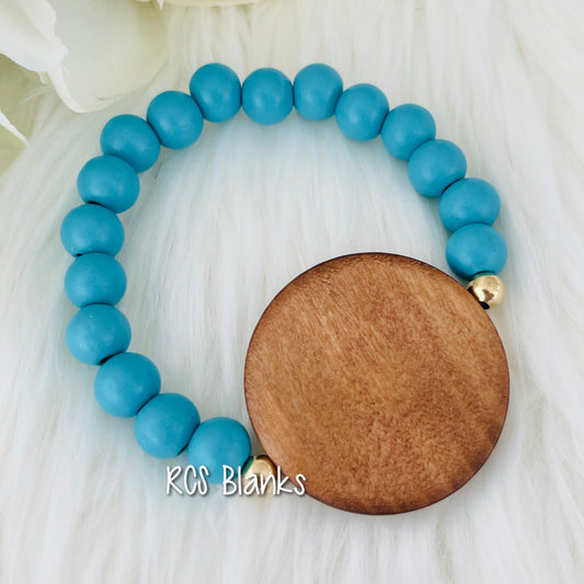 Janet Wood Bracelet w/ Round Wood Disc - Turquoise