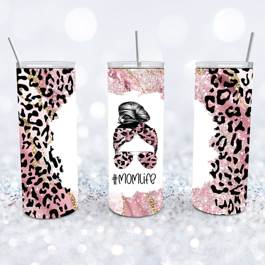 Pink Leopard Messy Bun Tumbler