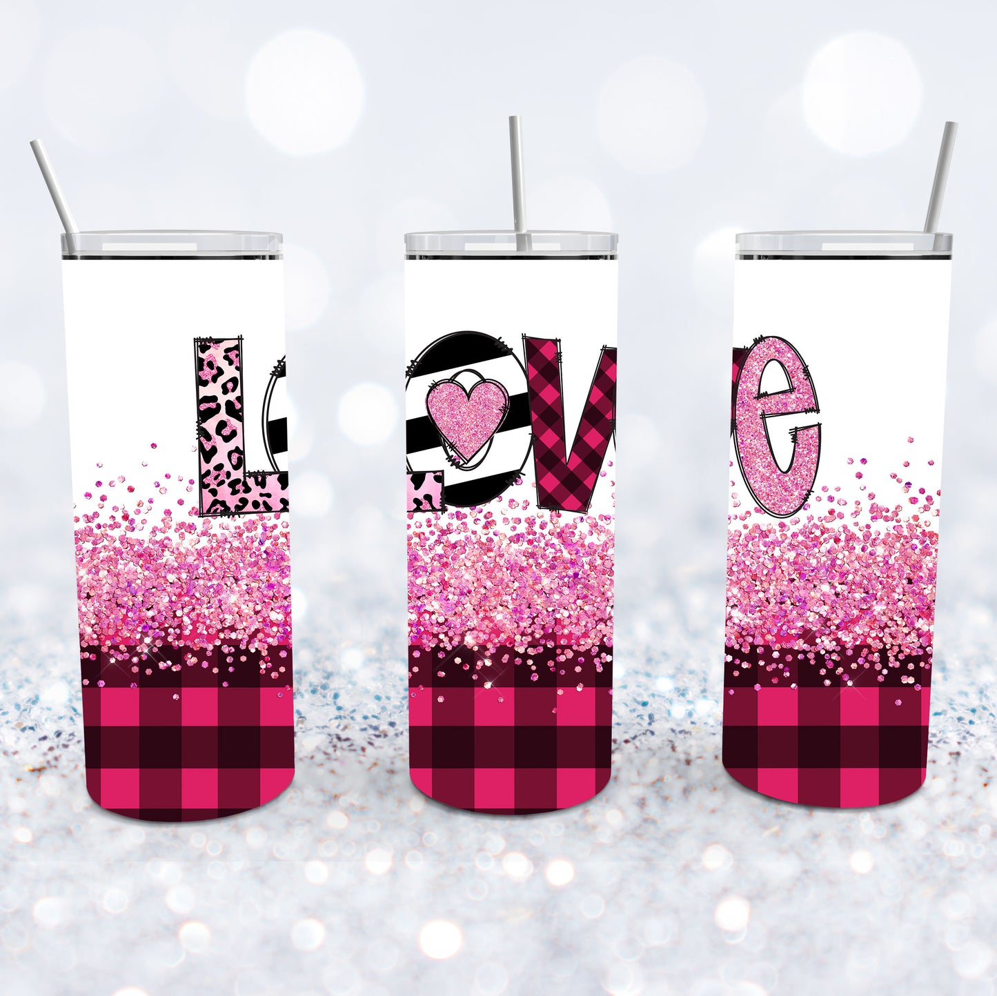 Pink Glitter And Plaid Love Tumbler
