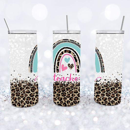 Teacher Leopard Glitter Rainbow Tumbler