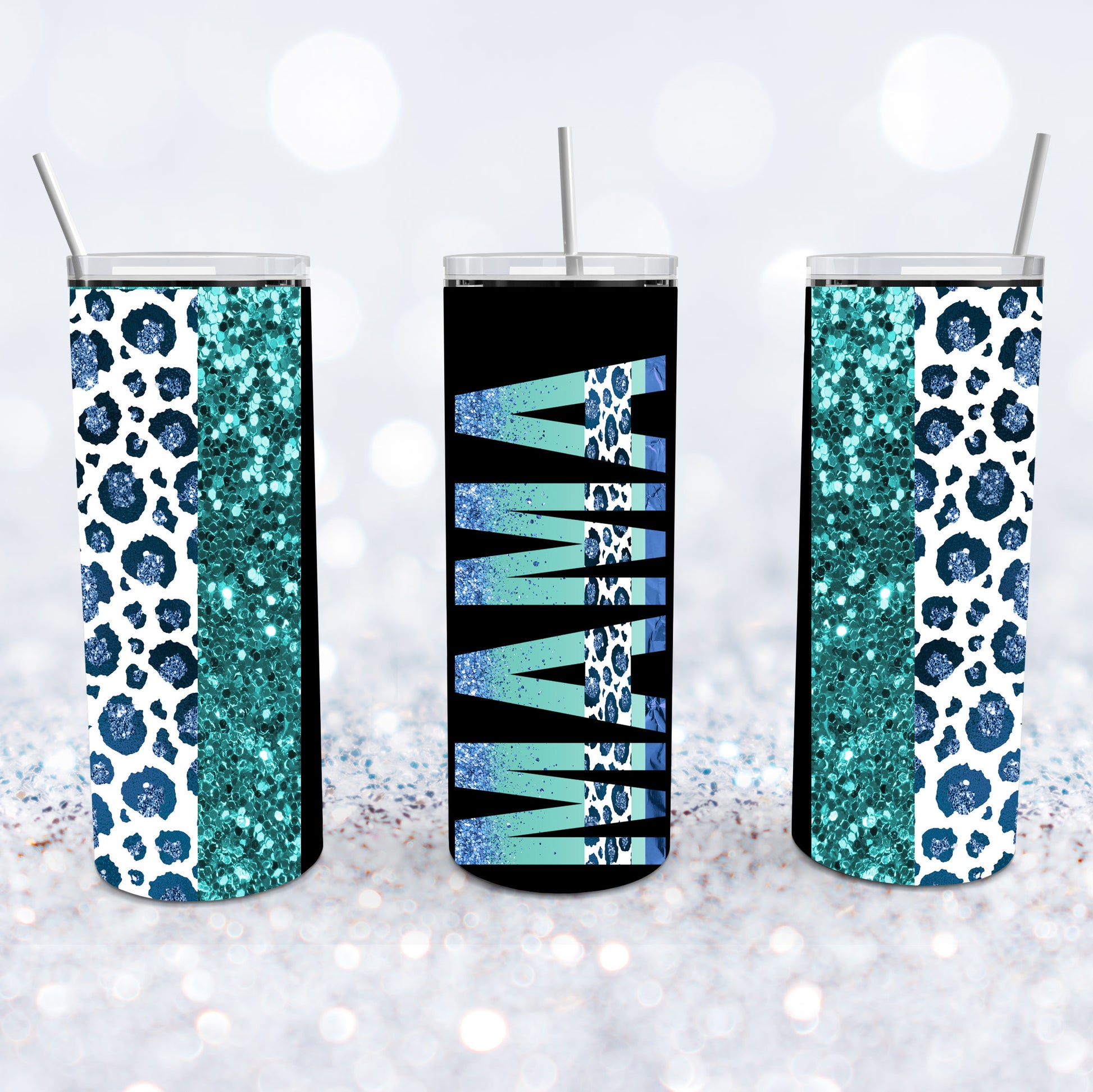 Light Blue METALLIC Leopard Tumbler Cup with Straw