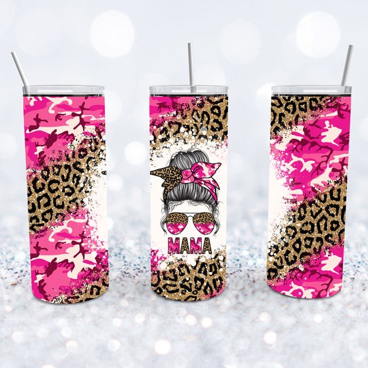 Messy Bun Mama - Pink Camo & Glitter Leopard Tumbler