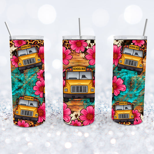 Pink Flowers School Bus Tumbler