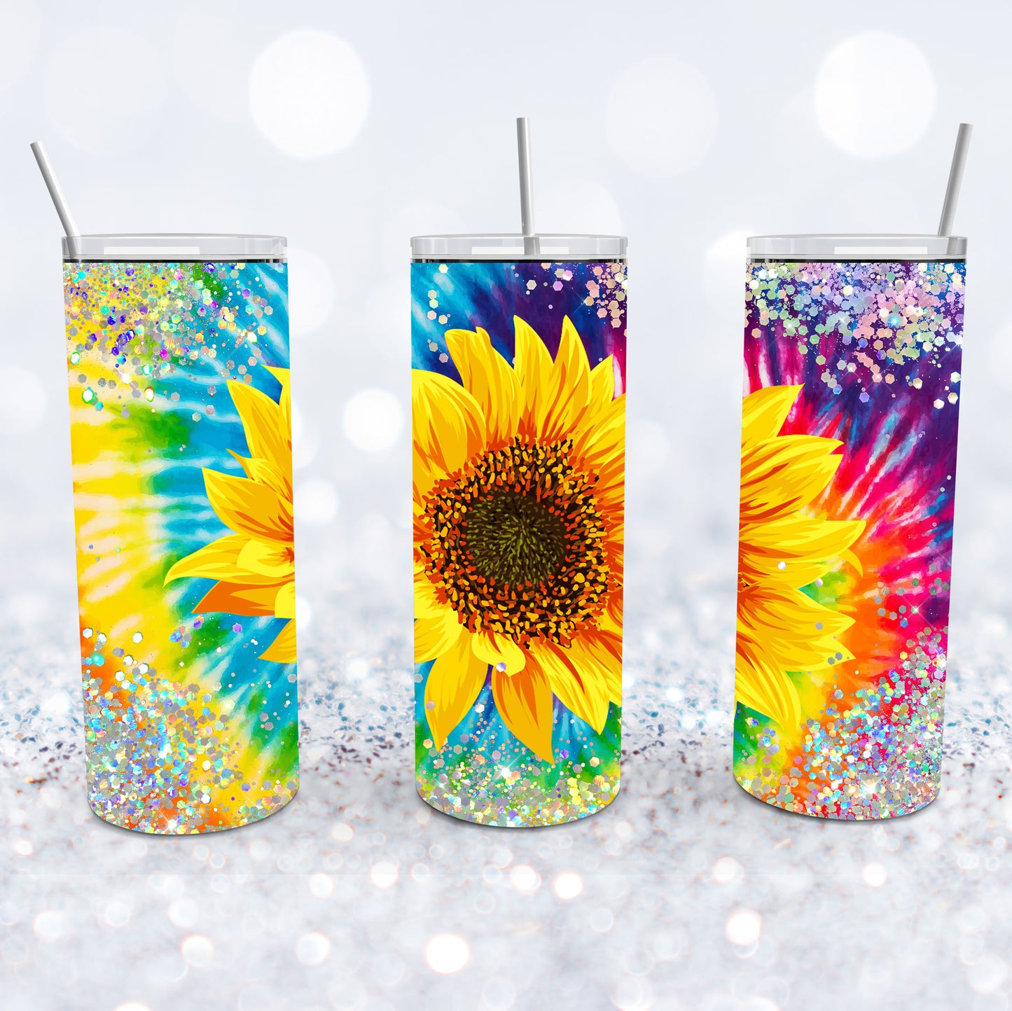 Tie Dye Glitter Sunflower Tumbler