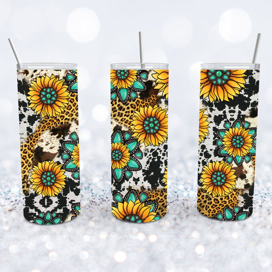 Turquoise Sunflowers On Leopard & Cow Print Tumbler