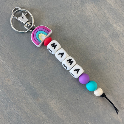 Mama Rainbow Silicone Beaded Keychain